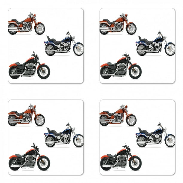 Motorcycle Silhouette Pattern Coffee Set of 6 Round Leather Coasters with Holder for Bar Drinks 
